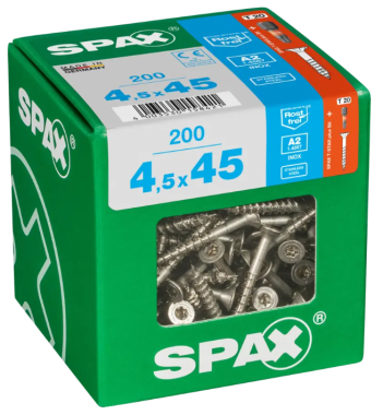 SPAX Edelstahlschraube, 4,5 x 45 mm, 200 Stück, Teilgewinde, Senkkopf, T-STAR plus T20, 4CUT, Edelstahl rostfrei A2, 4197000450456